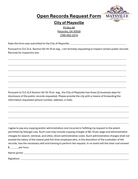 First page of the Open Records Request Form