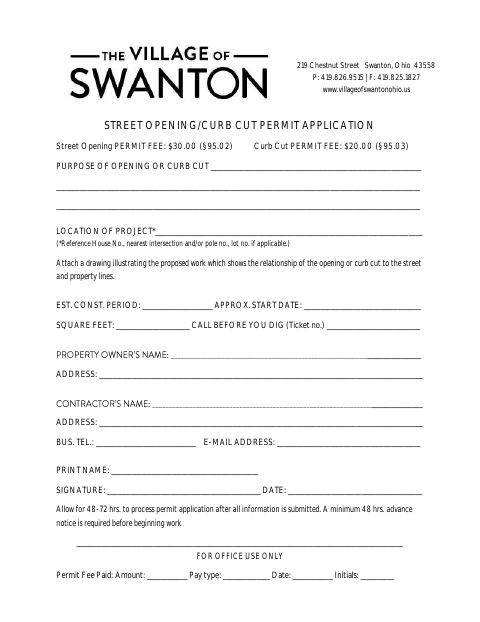 First page of the Street Opening/Curb Cut Permit Application