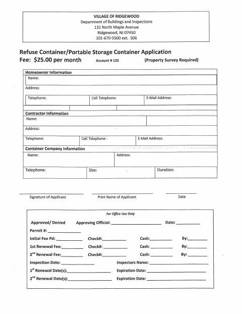 First page of the Dumpster and POD Permit