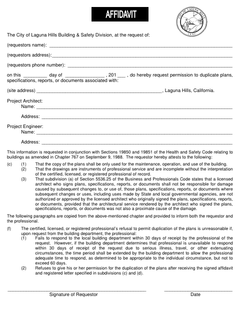 First page of the Duplication of the Official Copy of Plans Affidavit Form