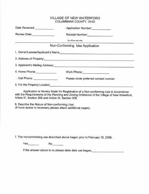 First page of the Non-Conforming Use Application