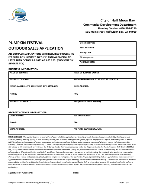 First page of the Pumpkin Festival Outdoor Sales Application