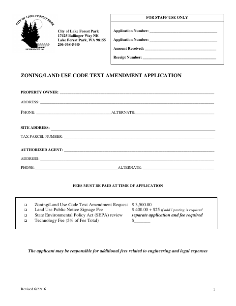 First page of the Zoning/Land Use Code Text Amendment Application