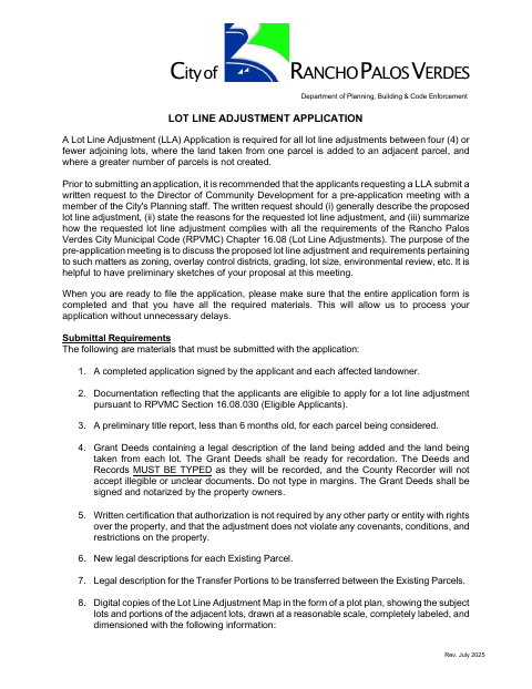 First page of the Lot Line Adjustment Application