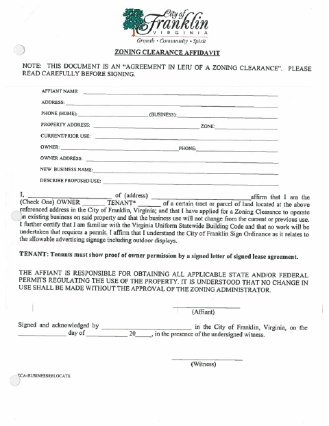 First page of the Zoning Clearance Affidavit