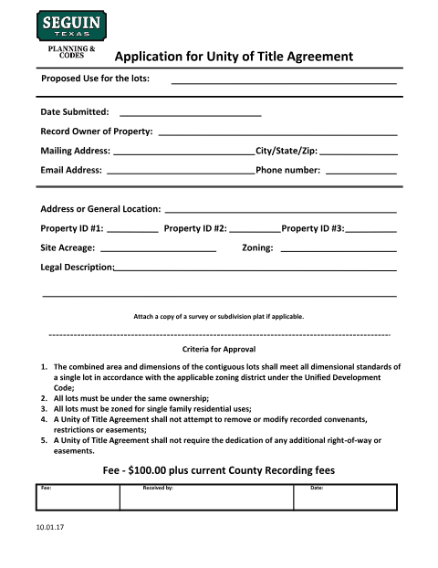 First page of the Application for Unity of Title Agreement
