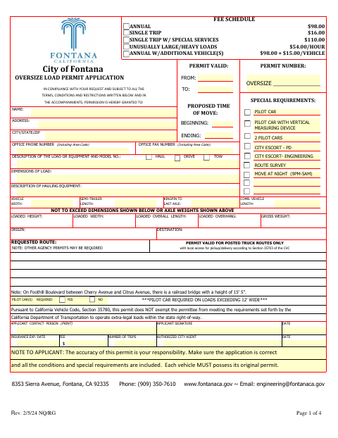 First page of the Oversize Load Permit Application
