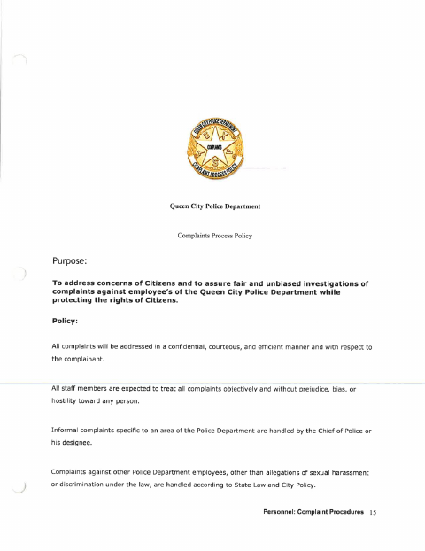 First page of the Police Department Complaint Form