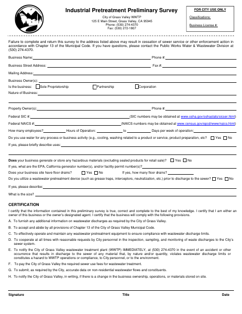 First page of the Industrial Pretreatment Preliminary Survey