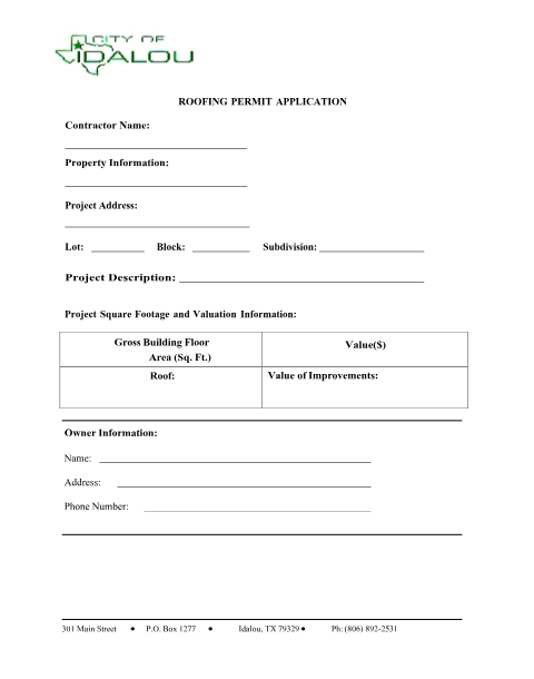 First page of the Roofing Permit Application