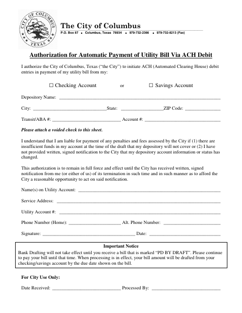 First page of the Authorization for Automatic Payment of Utility Bill Via ACH Debit
