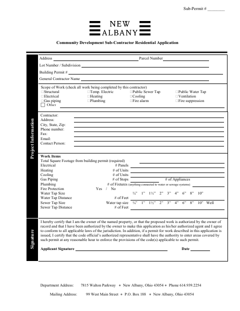 First page of the Residential Sub-Contractor Application