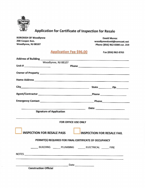 First page of the Application for Certificate of Inspection for Resale
