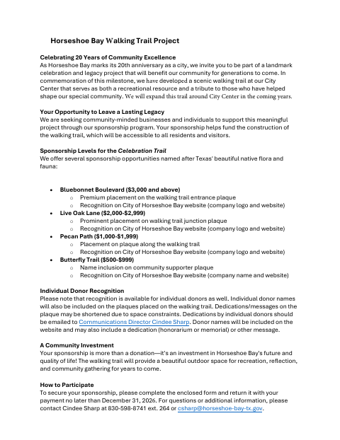 First page of the Walking Trail Sponsorship Application