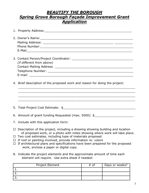 First page of the Façade Improvement Grant Application