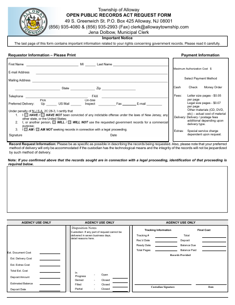 First page of the Open Public Records Act Request Form