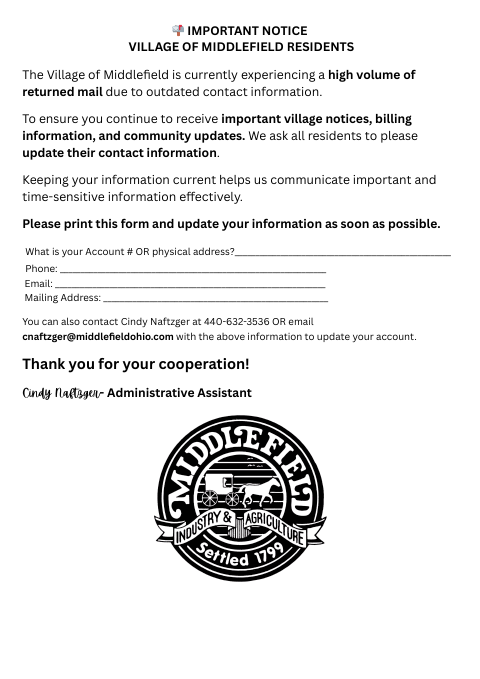 First page of the Utility Billing Contact Update