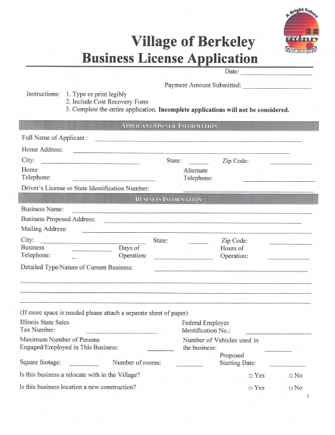 First page of the Business License Application