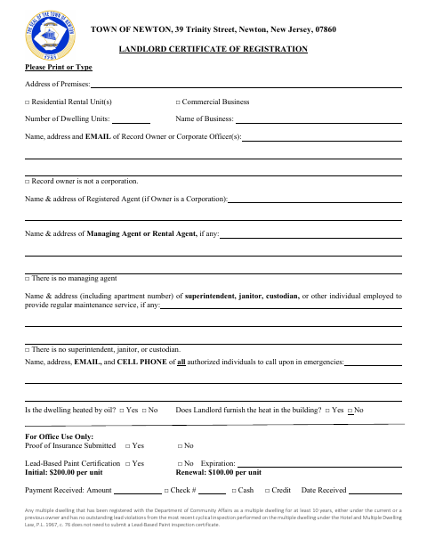 First page of the Landlord Certificate of Registration
