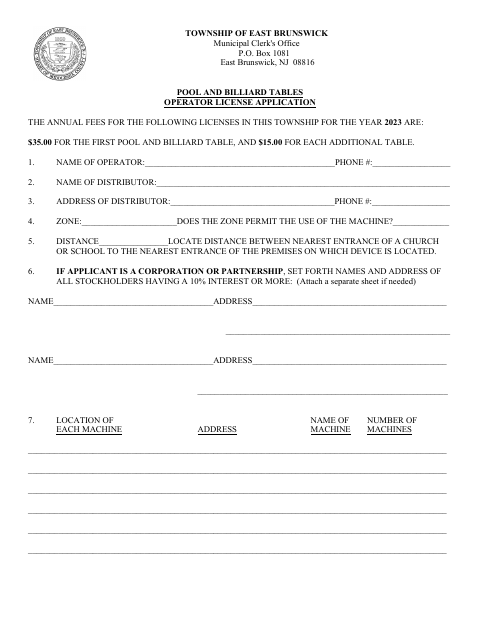 First page of the Pool and Billiard Tables Operator License Application