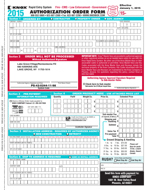 First page of the Rapid Entry System Authorization Order Form
