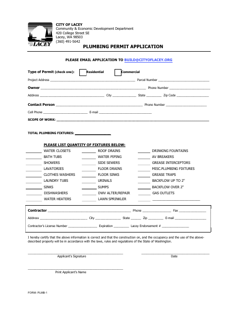 First page of the Plumbing Permit Application