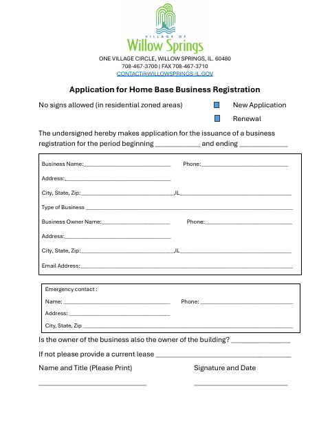 First page of the Application for Home Base Business Registration