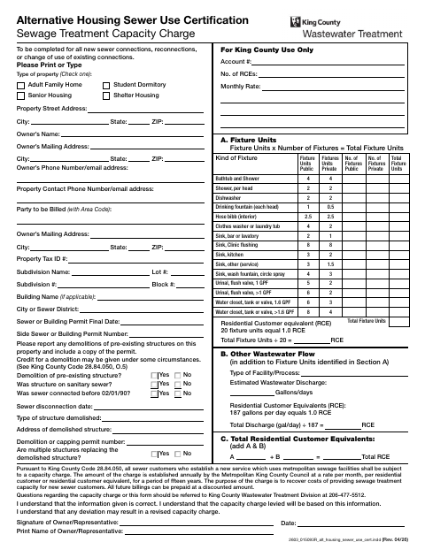 First page of the Alternative Housing Sewer Use Certification