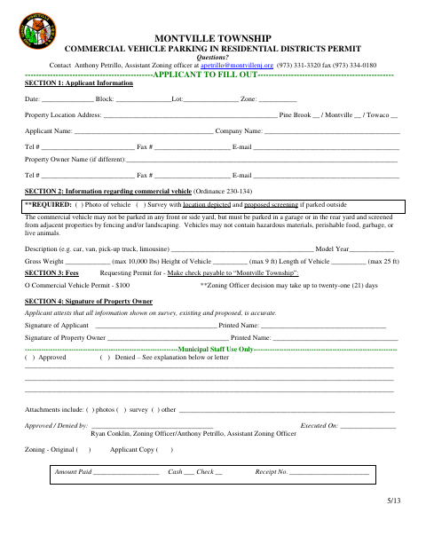 First page of the Commercial Vehicle Parking In Residential Districts Permit