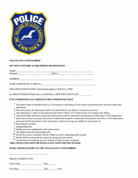 First page of the Security and Fire Alarm Permit Registration