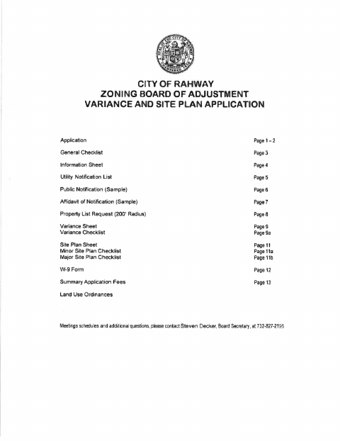 First page of the Zoning Board Variance and Site Plan Application
