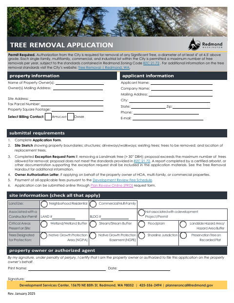 First page of the Tree Removal Application and Tree Exception Form