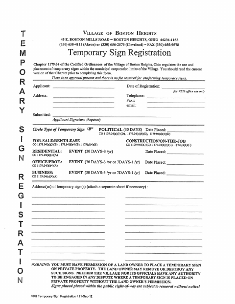 First page of the Temporary Sign Registration