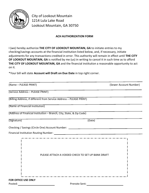 First page of the ACH Authorization Form