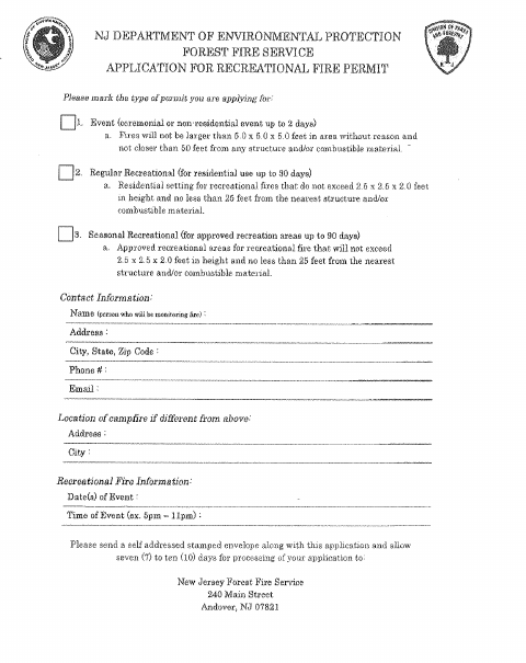 First page of the Application for Recreational Fire Permit