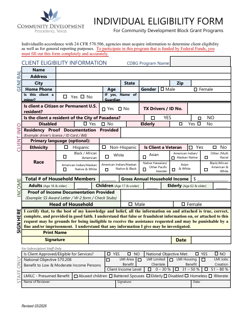 First page of the Individual Eligibility Form