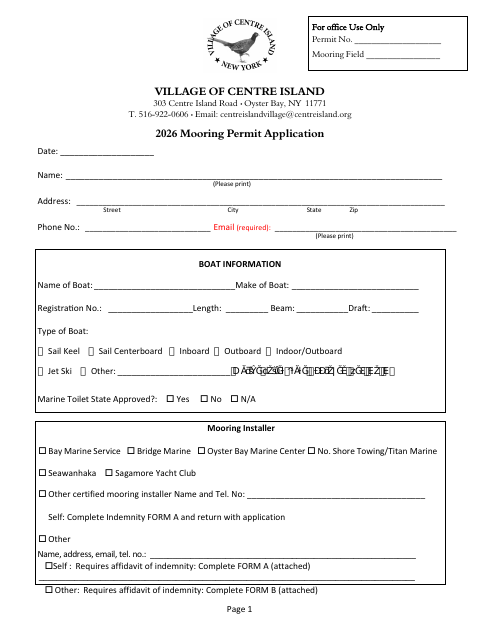 First page of the Mooring Permit Application and Affidavits of Indemnity