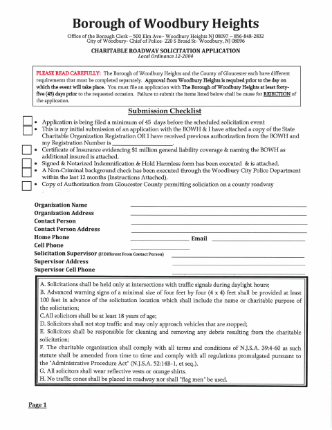 First page of the Charitable Roadway Solicitation Application