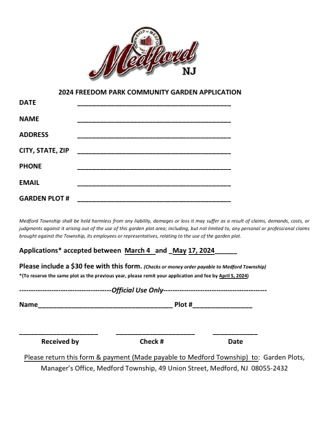 First page of the Freedom Park Community Garden Application
