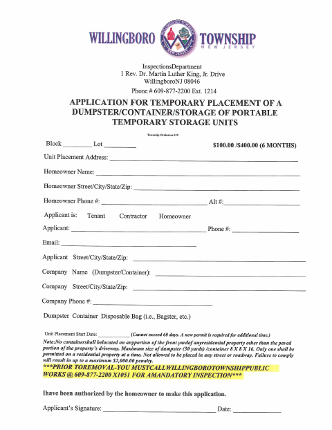 First page of the Temporary Dumpster Placement Application