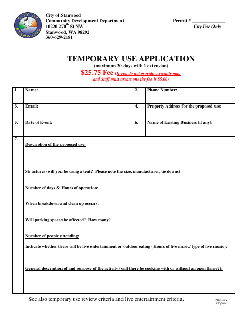 First page of the Temporary Use Application
