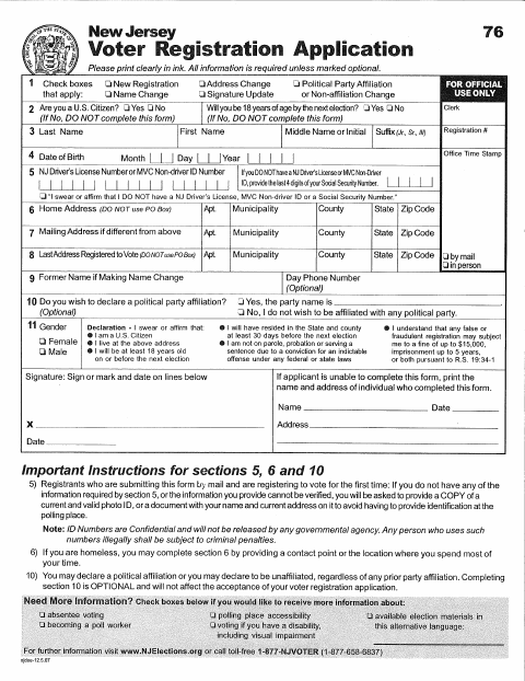 First page of the Voter Registration Application