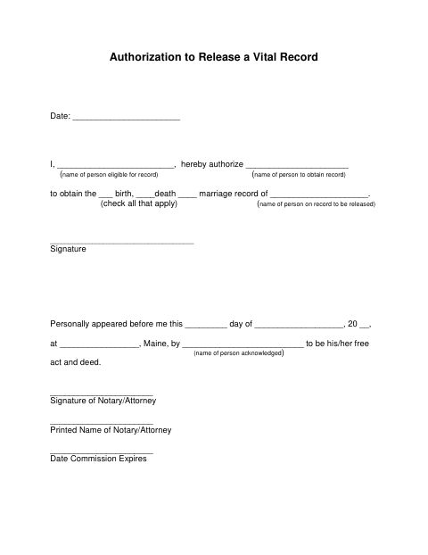 First page of the Authorization to Release a Vital Record