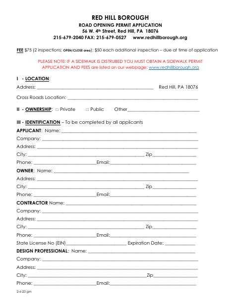 First page of the Road Opening Permit Application