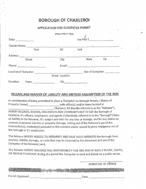 First page of the Dumpster Permit Application
