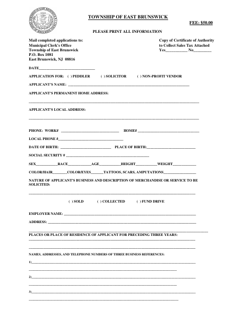 First page of the Solicitor and Peddlers Application