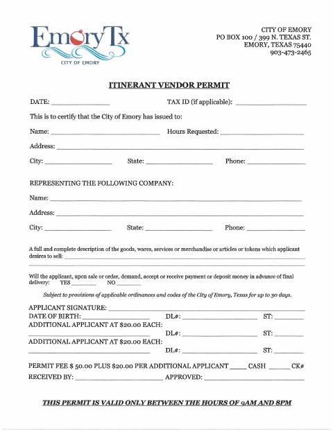 First page of the Itinerant Vendor Permit