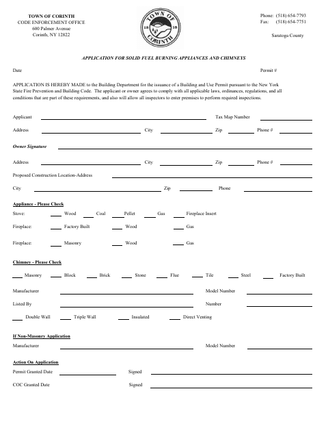 First page of the Application for Solid Fuel Burning Appliances and Chimneys