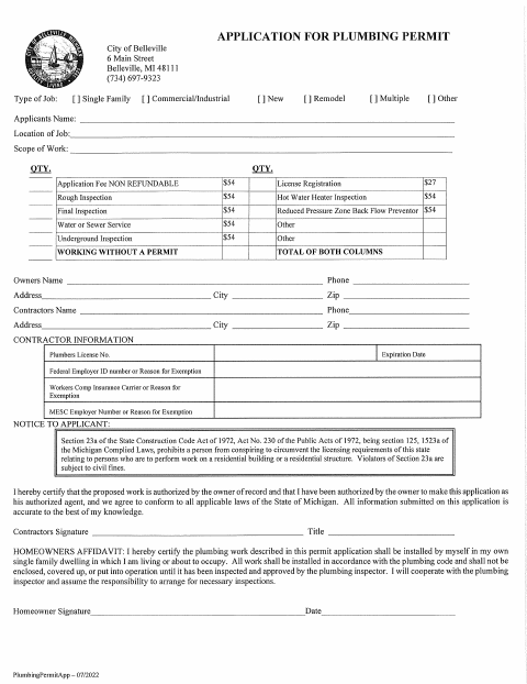 First page of the Plumbing Permit Application
