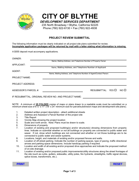 First page of the Project Review Submittal